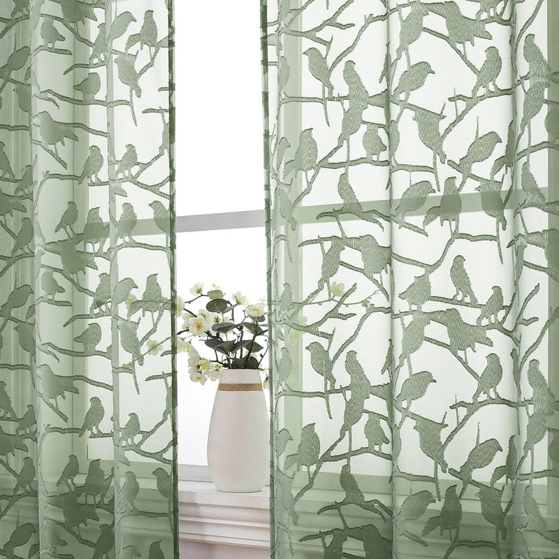 OVZME Anji Sheer Sage Green Curtains 63 Inches Long  Light & Airy Privacy Textured Sheer Drapes  Dual Rod Pocket Voile Clipped Birds Luxury Panels for Kid Bedroom Living Room  38 x 63 inch  Set of 2 - Image 1